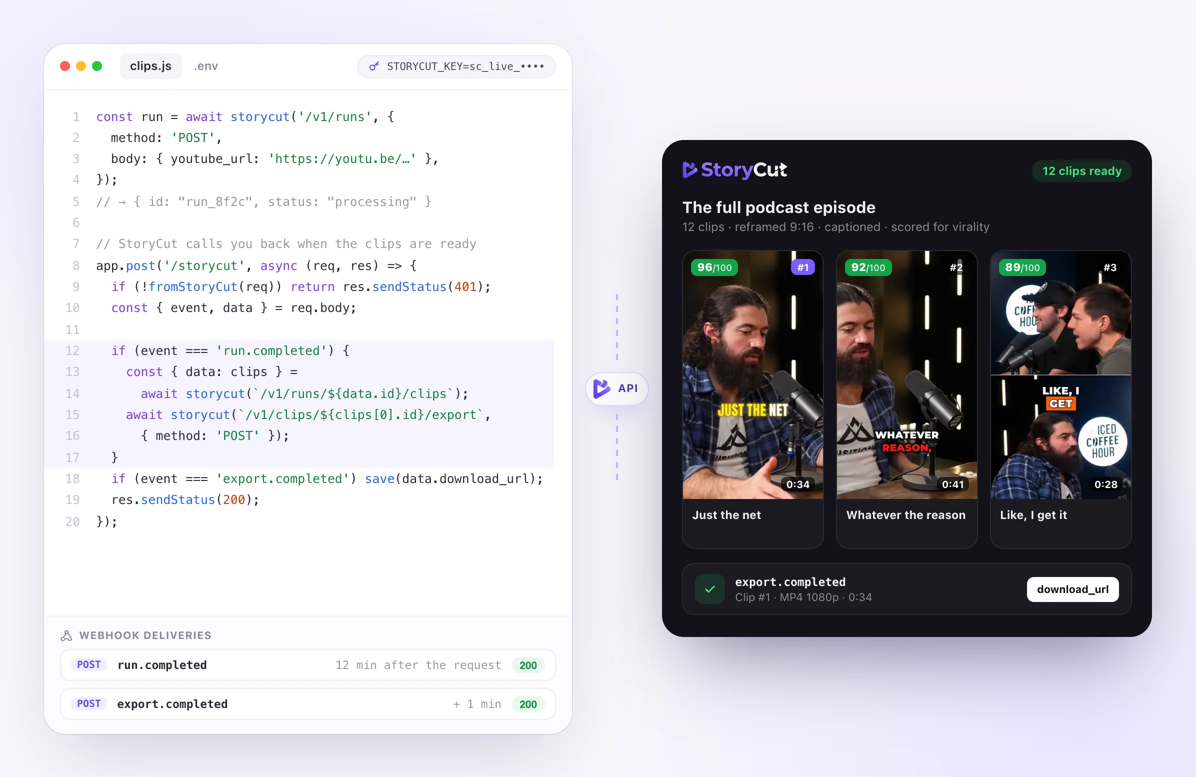 Código que inicia una ejecución de StoryCut y gestiona sus webhooks, junto a los clips terminados con sus puntuaciones de viralidad y un evento export.completed con un enlace de descarga