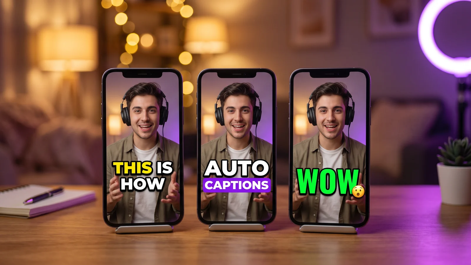 Three phones on a desk showing the same creator video with three different bold animated caption styles