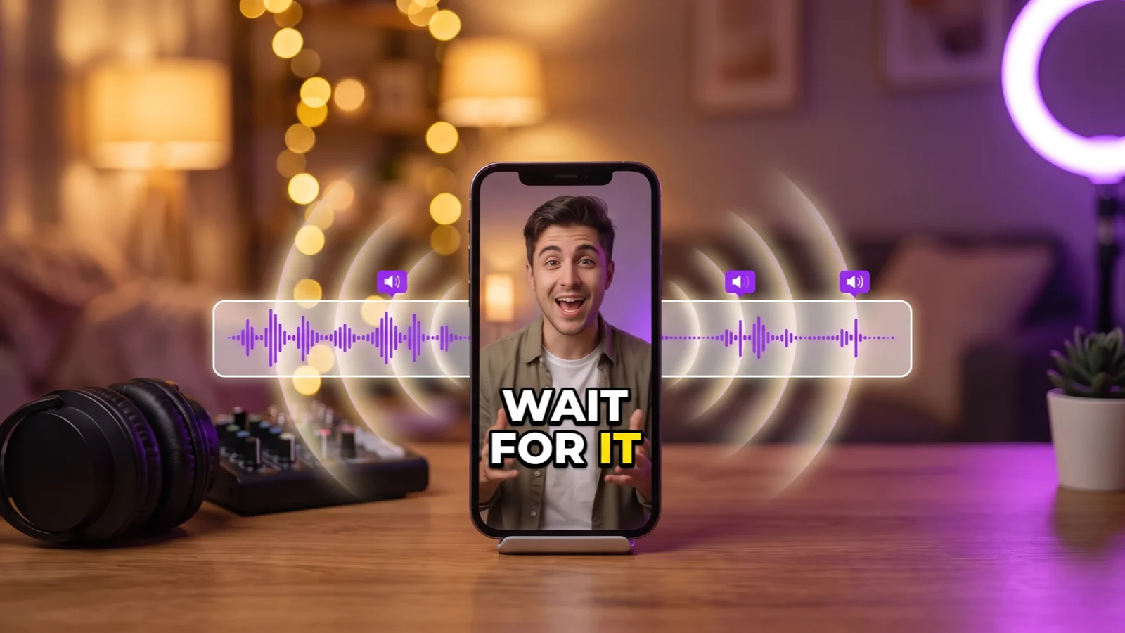 A phone on a desk playing a creator video with a bold caption, with an audio timeline and sound effect markers floating around it