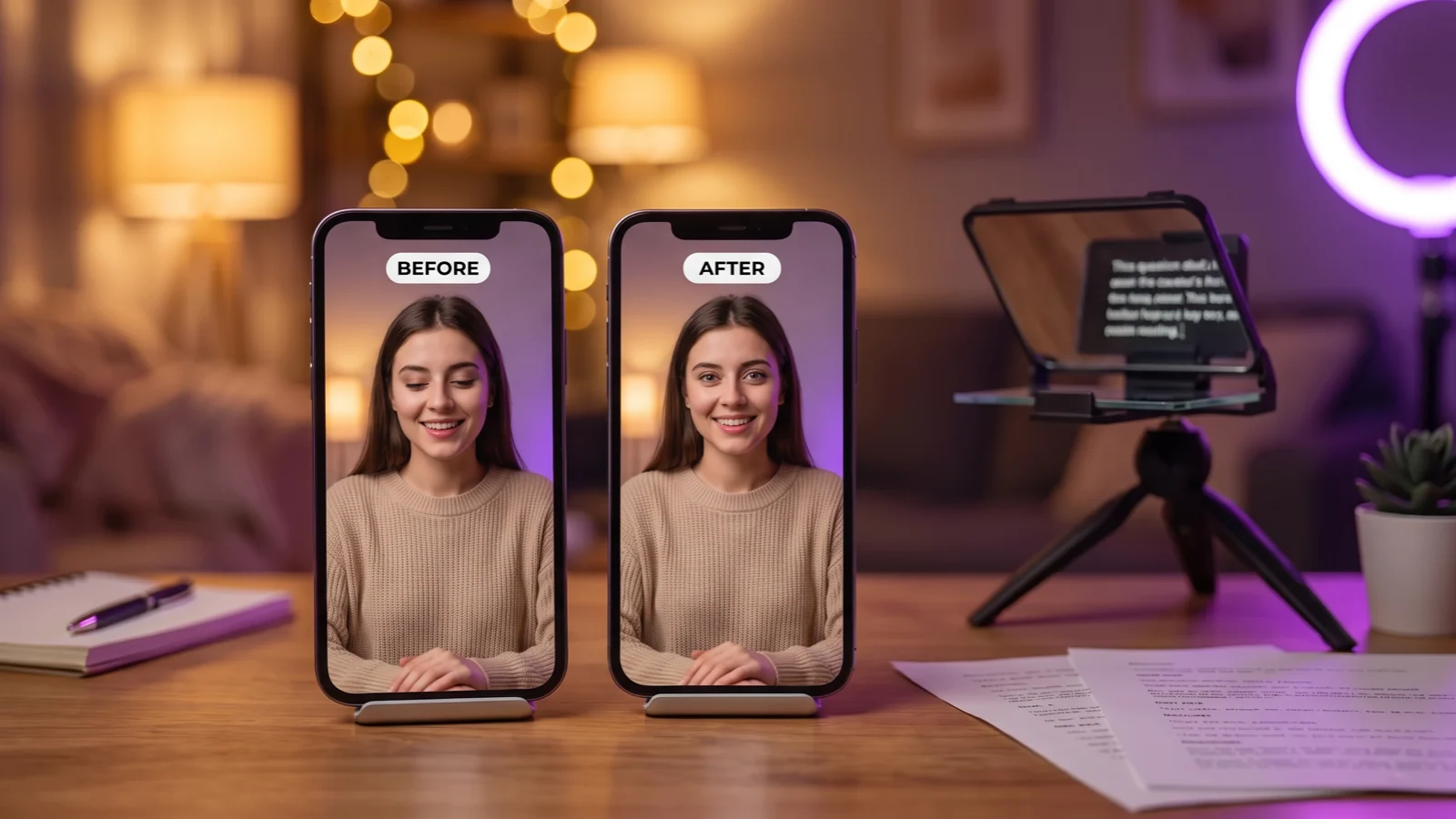 Two phones on a desk showing the same talking-head frame: on the left the creator looks down at her script, on the right she looks straight into the camera
