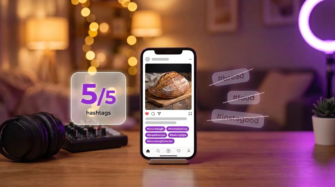 A phone on a desk showing a sourdough post with five hashtags, a 5/5 hashtag counter beside it and three generic hashtags crossed out