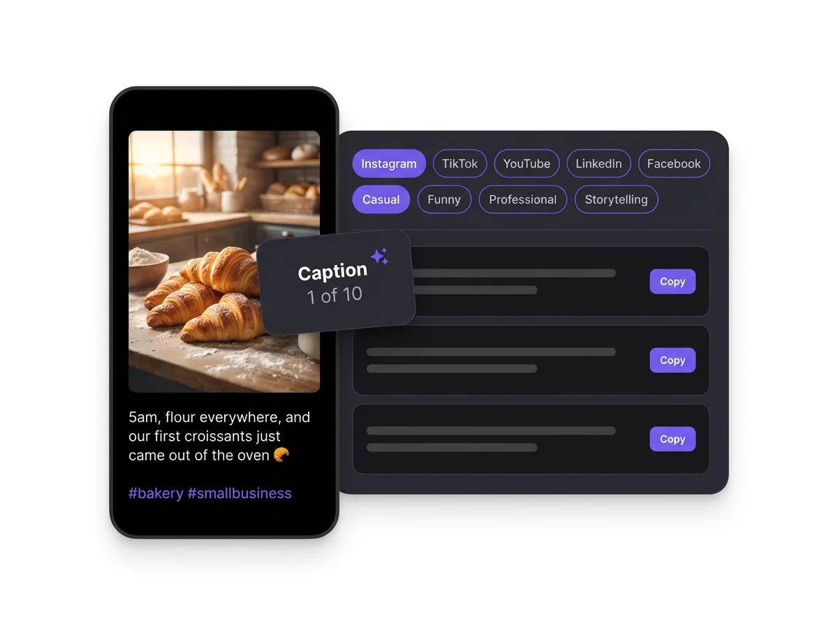 AI caption generator: a bakery post on a phone next to platform and tone options and a list of generated captions